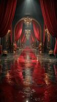 Elegant red carpet corridor with chandeliers and lavish drapery in a grand setting photo