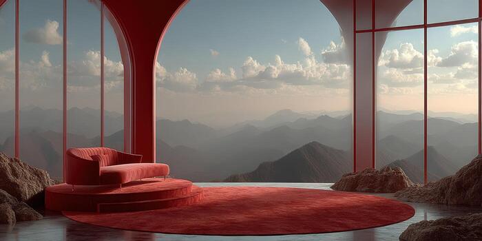 Modern interior design featuring a red couch and scenic mountain view in a spacious, elegant setting photo