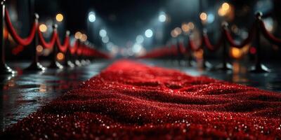 Luxury red carpet stretching through a glamorous event location on a rainy night photo
