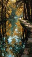 Couples stroll along a serene, leaf-lined path beside a reflective river under a golden autumn sun in a tranquil setting photo