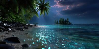 Serene tropical beach at twilight with calm waters and distant island under a starry sky photo