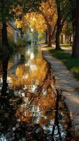 Beautiful autumn reflection on a calm canal surrounded by colorful trees in a peaceful setting photo