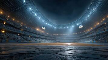 Stadium filled with fans waits for a thrilling event under bright lights in an evening setting photo