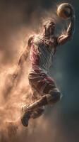 Dynamic basketball player performing a slam dunk in mid-air against a dramatic dust backdrop photo