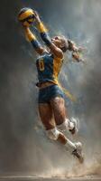 Dynamic volleyball player leaps to spike the ball during an intense indoor match in an elite sports arena photo
