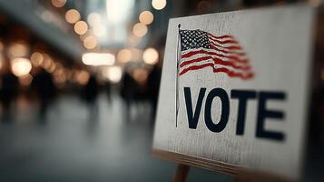 Vote sign displayed in a busy public space encouraging civic engagement and participation during an electoral season photo