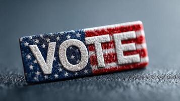 Voting button with American flag design encourages civic participation and engagement during election season photo