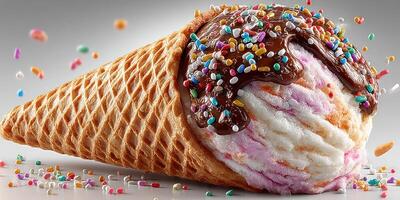 Delicious ice cream cone with chocolate sauce and colorful sprinkles captured in bright light photo