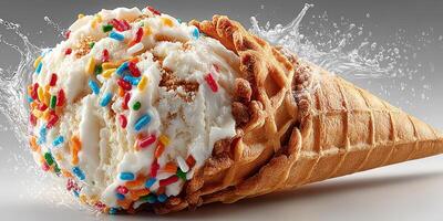 Delicious ice cream cone with colorful sprinkles in a refreshing splash of water captured in a studio setting photo