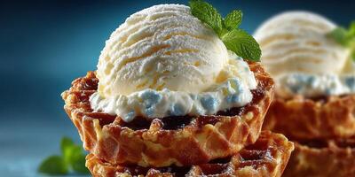 Delicious dessert featuring a crispy waffle topped with creamy vanilla ice cream and fresh mint leaves in bright lighting photo