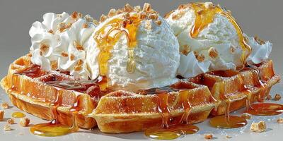 Indulgent dessert features warm waffles topped with ice cream, whipped cream, and caramel sauce photo