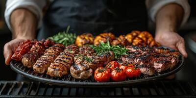Delicious barbecue platter with grilled meats and vegetables prepared in outdoor setting during summer evening cookout photo
