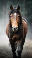 Strong brown horse walking on a misty forest path during early morning light photo
