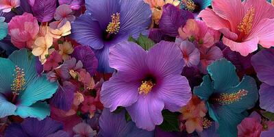 Colorful mix of hibiscus flowers create a vibrant floral background in a garden setting during daylight hours photo