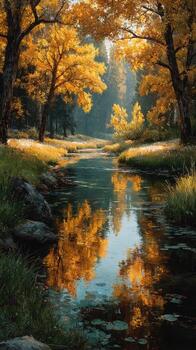 Scenic autumn landscape with golden trees reflecting in a serene river at dawn photo