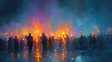 Crowd gathers in a colorful display of light during a twilight celebration photo