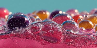 Colorful bubbles floating in vibrant liquid under clear blue sky during sunny daylight photo