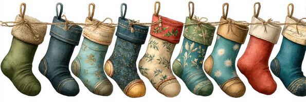 Festive collection of colorful stockings hanging on a string for holiday decoration photo