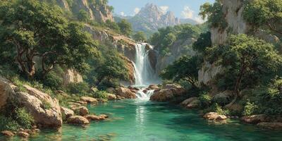 Majestic waterfall cascading into a tranquil turquoise river surrounded by lush greenery in a mountainous region photo