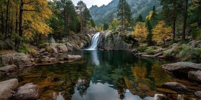 Waterfall cascading into a serene lake surrounded by autumn foliage in a mountainous region photo