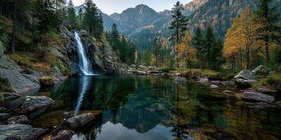 Serene waterfall cascading into a tranquil alpine lake surrounded by autumn foliage in a mountainous region at dawn photo