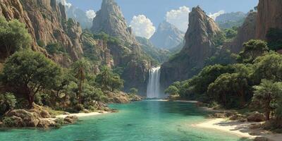 Majestic waterfall cascading through rocky mountains in a serene tropical landscape during bright daylight photo