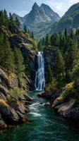 Waterfall cascading among lush mountains under a clear sky in a tranquil forest setting photo