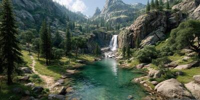 Majestic waterfall cascading into serene lake surrounded by lush greenery in a picturesque mountain landscape during daytime photo