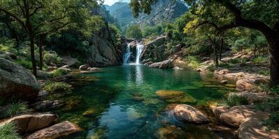 Serene waterfall cascading into a clear pool surrounded by lush greenery in a mountainous landscape photo