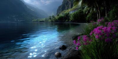 Serene lake surrounded by lush mountains and vibrant flowers during twilight photo
