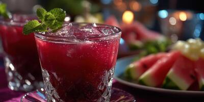 Refreshing summer drink served at an outdoor evening gathering with fruit platter nearby photo