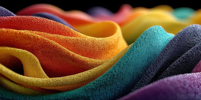 Colorful fabric waves create a vibrant display in a studio setting with soft lighting and textured shadows photo