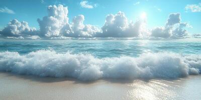Vibrant coastal wave crashing gently on sandy shore under bright blue sky with fluffy clouds photo