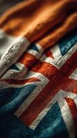 British flag fabric close-up showcasing detailed texture and vibrant colors during afternoon light photo