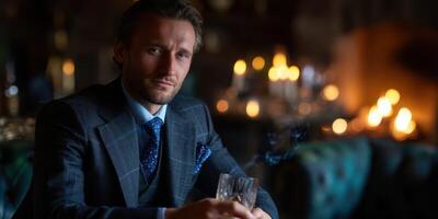 Elegant man enjoying drink in a sophisticated bar during the evening with warm candlelight ambiance photo