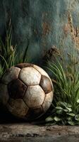 Old soccer ball resting in tall grass against a textured wall in a quiet outdoor setting photo