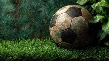 Old worn soccer ball resting on green grass near rough textured wall with a hint of foliage in background during daylight hours photo