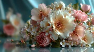 Beautiful floral arrangement featuring pastel flowers with delicate petals on a reflective surface photo