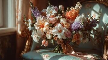 Elegant floral arrangement showcasing colorful blooms on a vintage chair in soft afternoon light photo