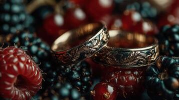 Elegant wedding rings resting on a bed of fresh berries in soft lighting photo