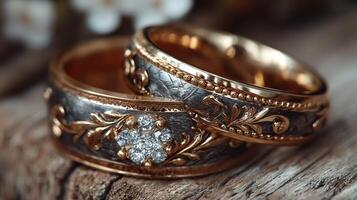 Unique wedding bands showcasing intricate designs and sparkling gemstones crafted from precious metals with a rustic wooden background photo