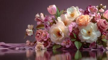 Colorful floral arrangement featuring peonies and tulips in a serene setting with reflective water photo