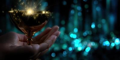 Chalice held in hand radiating a glow with sparkling effects in a dim background at night photo