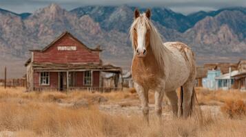 Horse stands in front of a weathered building against a backdrop of mountains in a ghost town setting photo