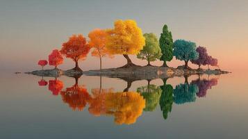 Vibrant autumn colors reflect on calm water at a serene lakeside island during sunset photo