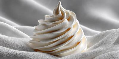 Soft serve ice cream swirl on a soft white fabric background perfect for dessert lovers and food photography enthusiasts photo