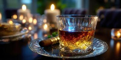 Enjoying a fine whiskey and cigar during a serene evening gathering at home photo