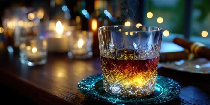 Relaxing evening with whiskey on a wooden table surrounded by soft candlelight and warm ambiance photo