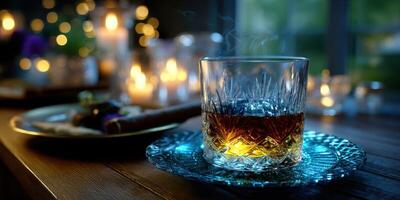 Whiskey served in a crystal glass next to a plate of desserts in a cozy candlelit room during the evening photo