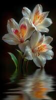 Elegant white flowers with vibrant petals reflected in calm water during twilight photo
